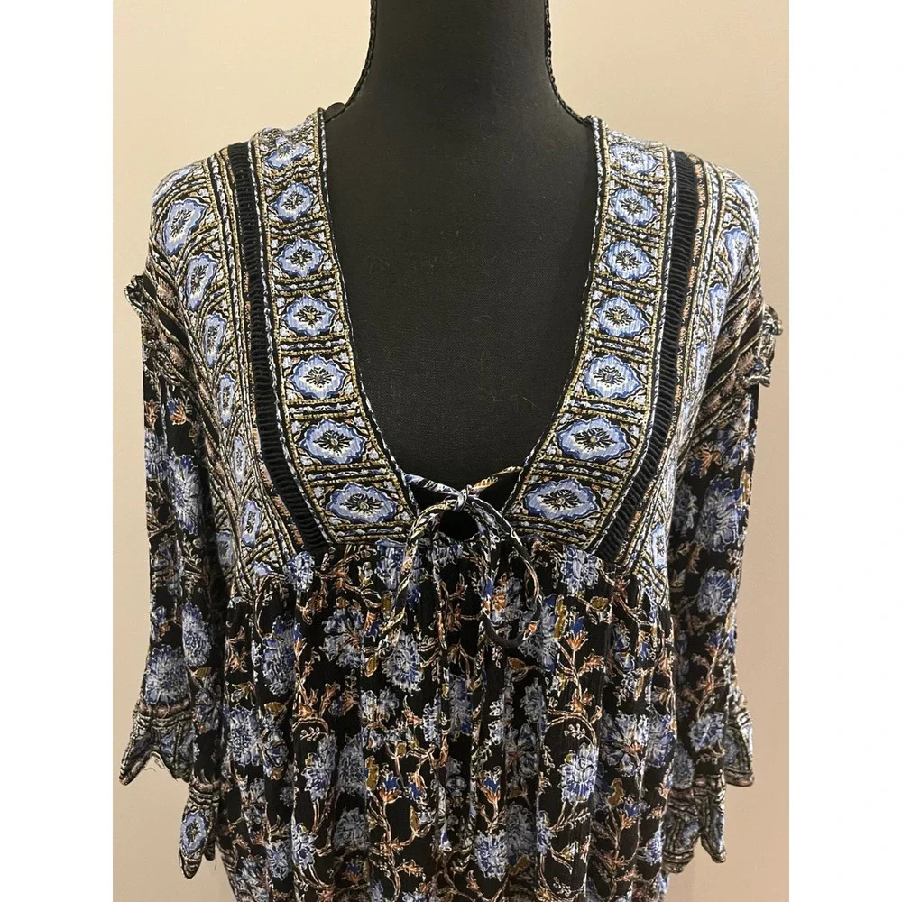 Free People Moonlight Dance Floral Print‎ V Neck Bell Sleeve Boho Tunic Top M